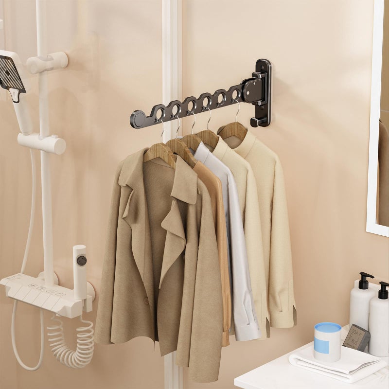 iMonse Wall Mounted Clothes Hanger Rack Folding Wall Mounted Clothes Hanger for Laundry With Swing Arm Space Saving Closet Storage Organizer Heavy Duty Coat Hook For Bathroom Bedroom Black 2-Pack - Image 4